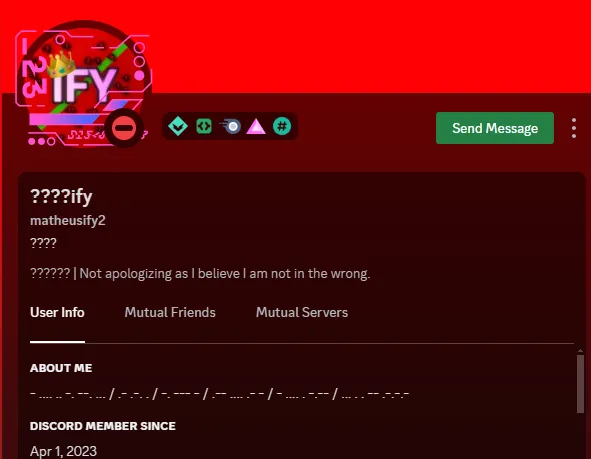 A screenshot of Matheus' profile, with his status saying "Not apologizing as I believe I am not in the wrong."