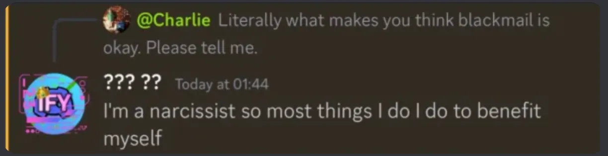 Matheus saying that he's a narcissist so "most things [he] does [he] does to benefit [himself]"