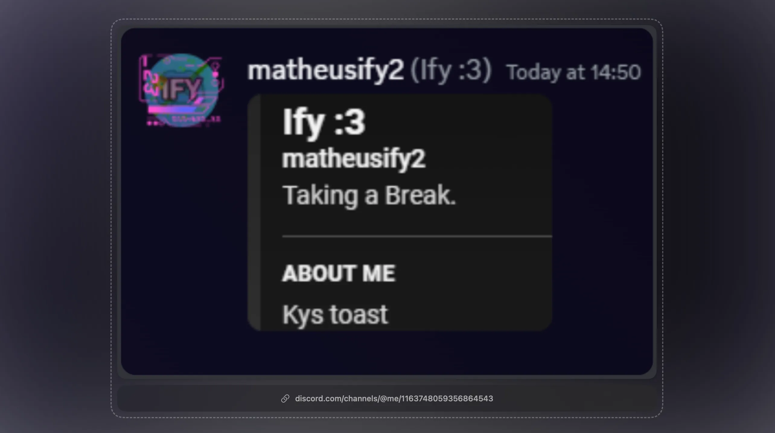 Matheus' profile, showing his about me that says "Kys toast"
